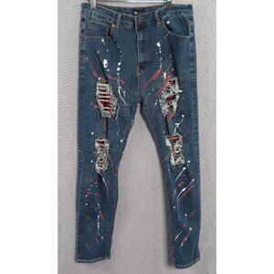 Waimea Jeans Mens 36x32 Denim Grunge Painted Patches Ripped Skinny‎ Streetwear